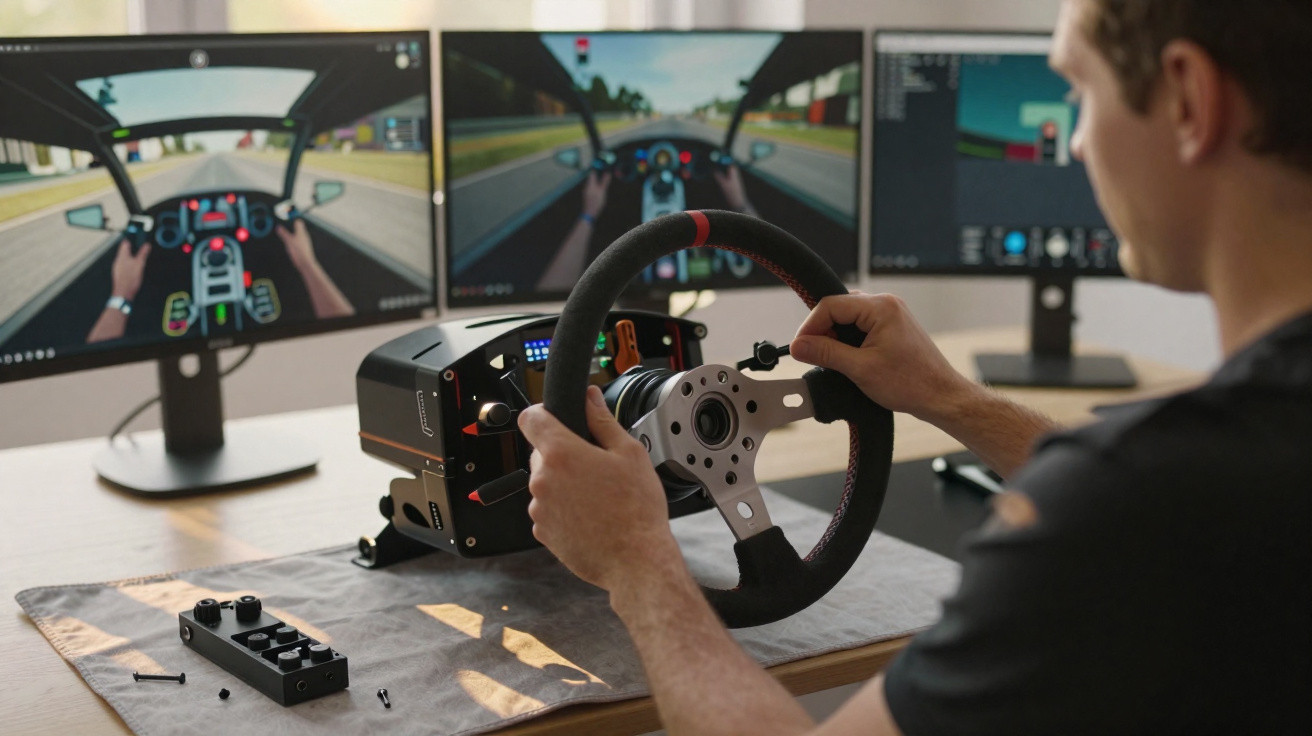 Homem usando volante e simulador de corrida com três monitores exibindo jogo de direção em ambiente interno.