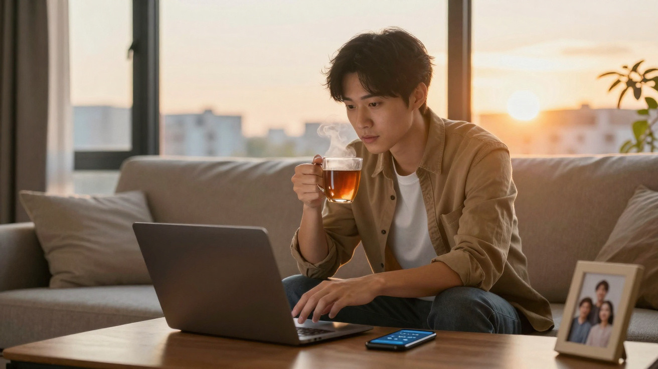 Jovem sentado no sofá usando laptop e bebendo chá quente ao pôr do sol em uma sala aconchegante.