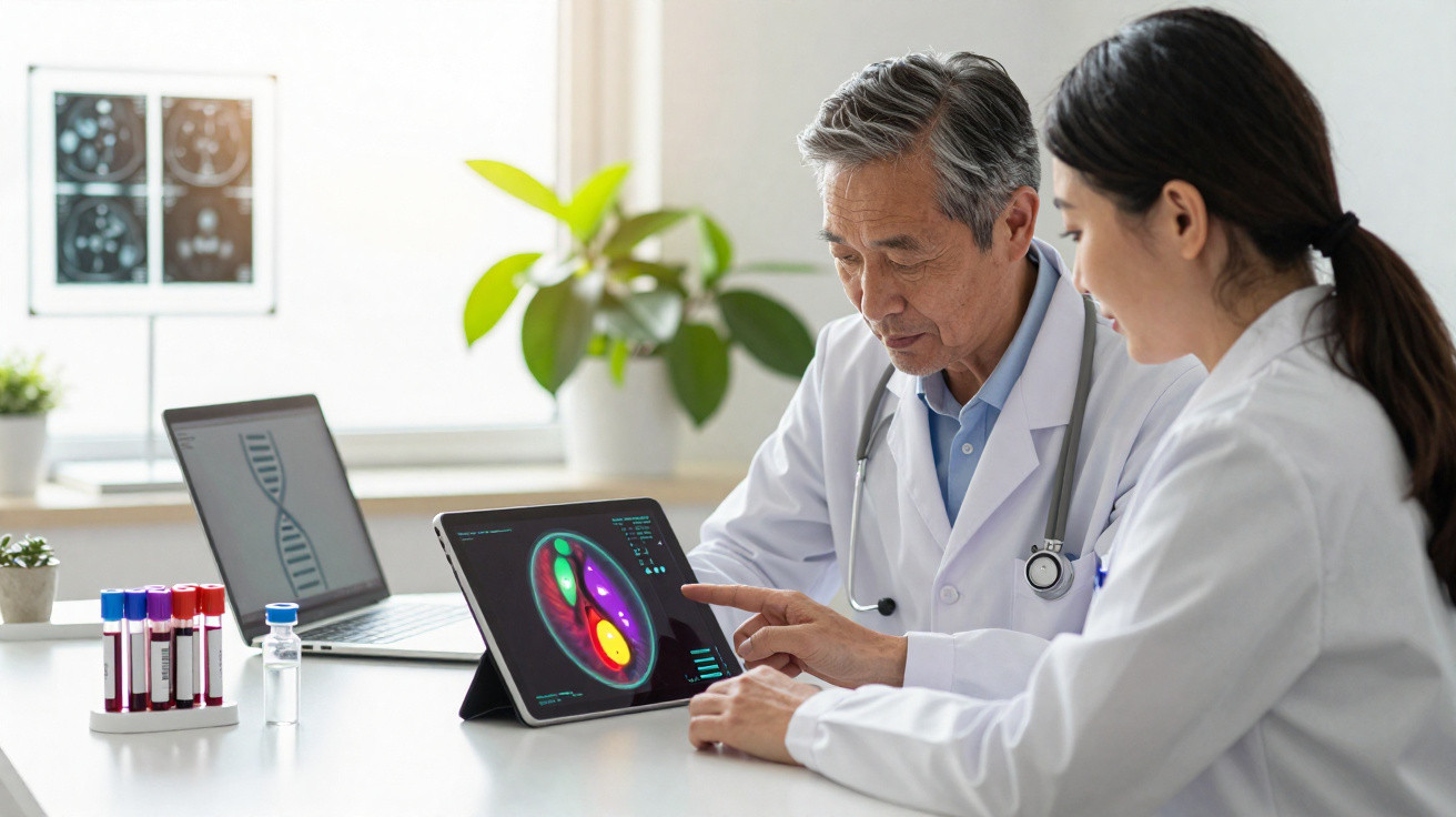 Dois médicos analisam imagens médicas em tablet, com laptop e tubos de sangue sobre a mesa.