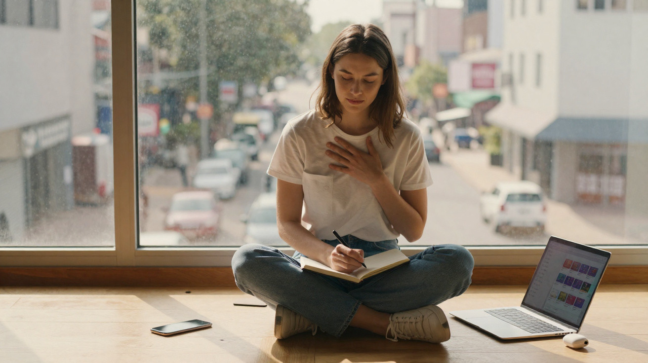 Jovem sentada no chão, escrevendo em caderno com laptop e celular ao redor, perto de janela grande.