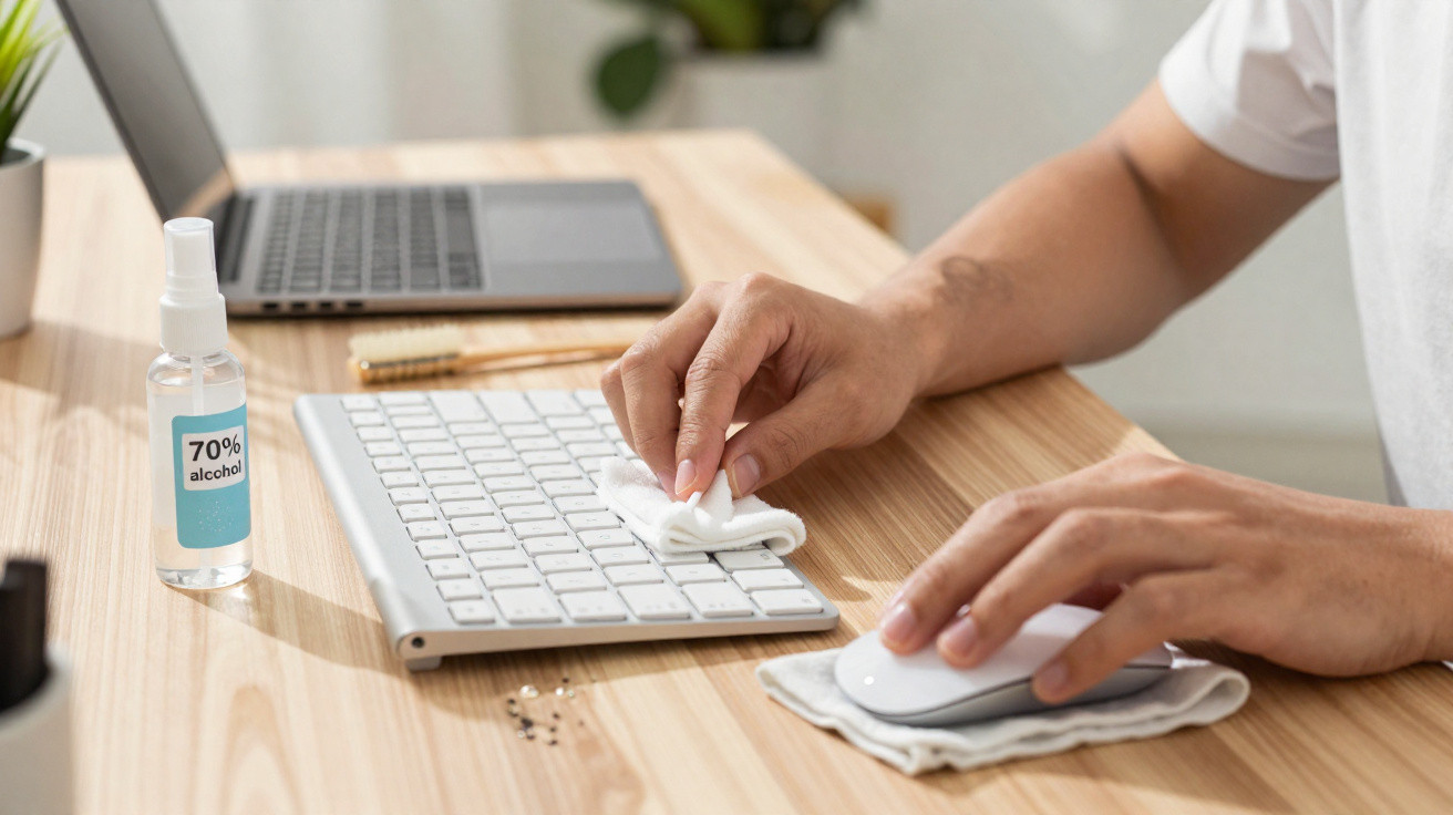 Pessoa limpando teclado e mouse com álcool 70% em mesa de madeira com notebook ao fundo.