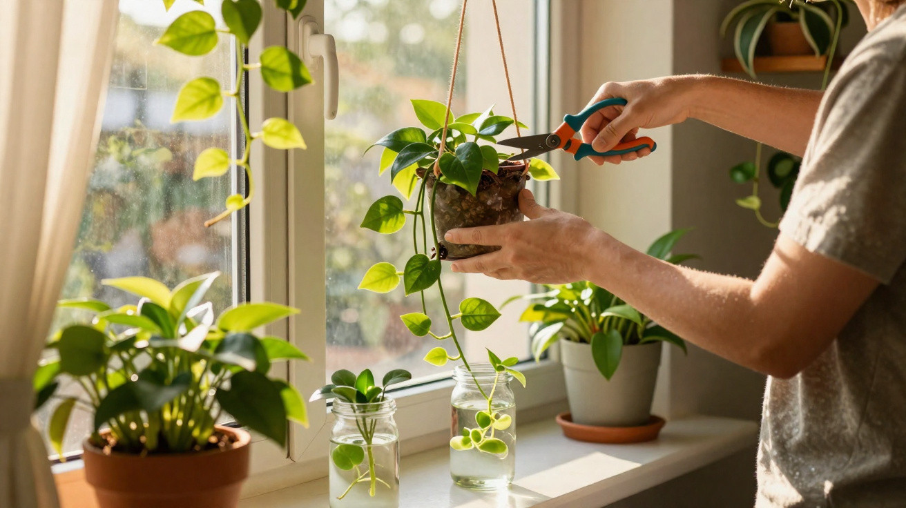 Pessoa podando planta pendurada na janela com várias plantas em vasos ao redor.