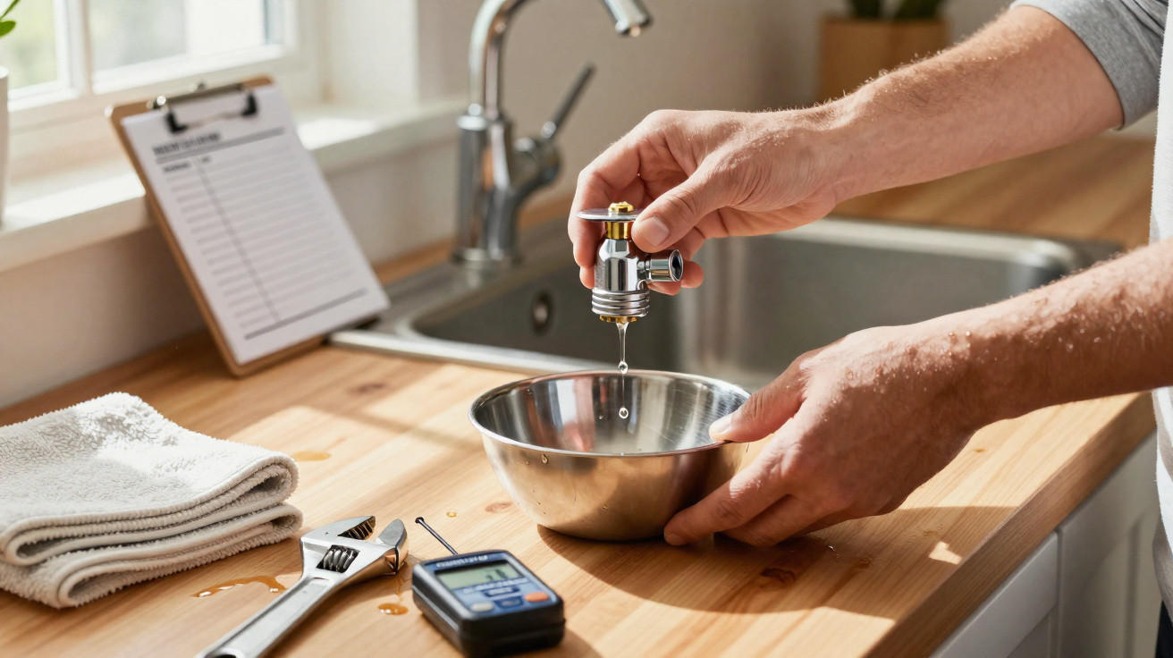 Pessoa conserta torneira e coleta água em um recipiente metálico sobre bancada de cozinha.
