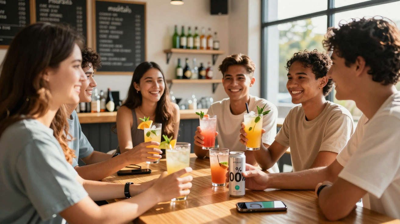 Grupo de jovens sorrindo e brindando com bebidas coloridas em bar iluminado pela luz natural.
