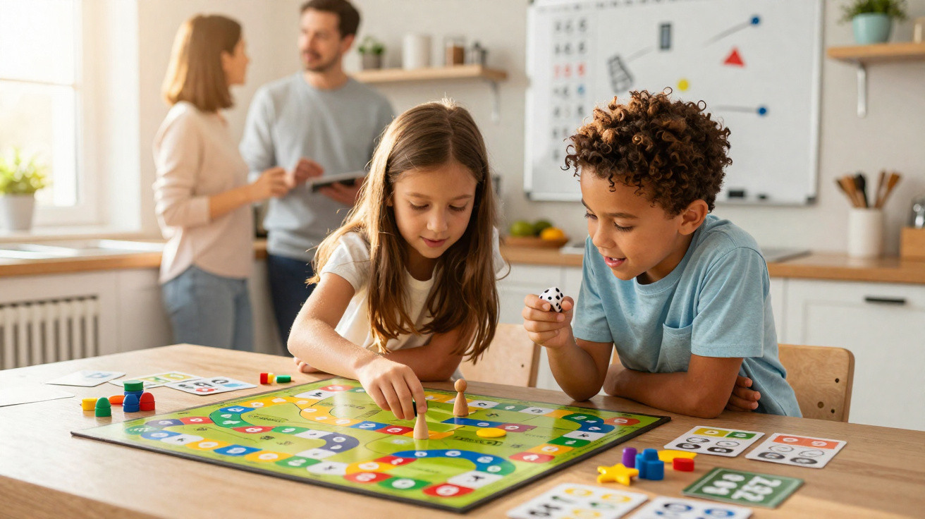 Crianças jogando jogo de tabuleiro enquanto adultos conversam ao fundo em uma cozinha iluminada.
