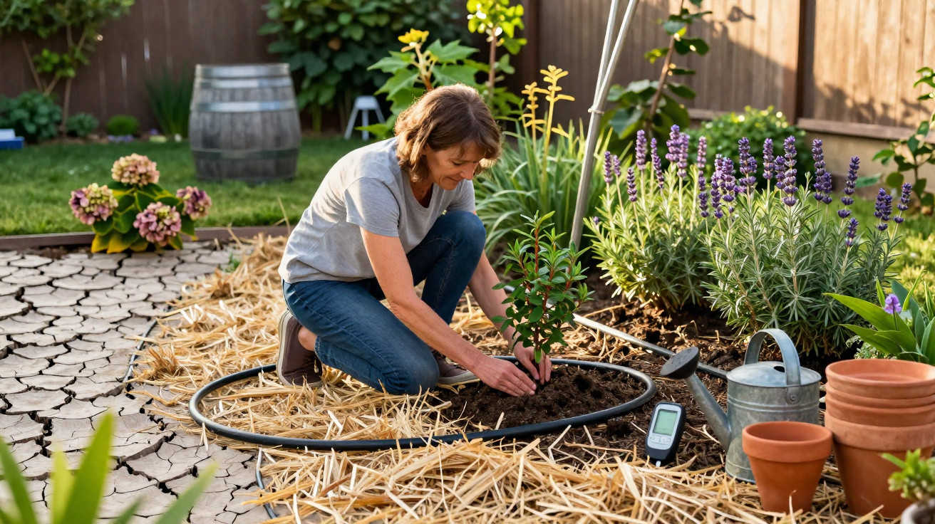Mulher cuidando de planta no jardim, rodeada por flores, regador e vasos de barro.