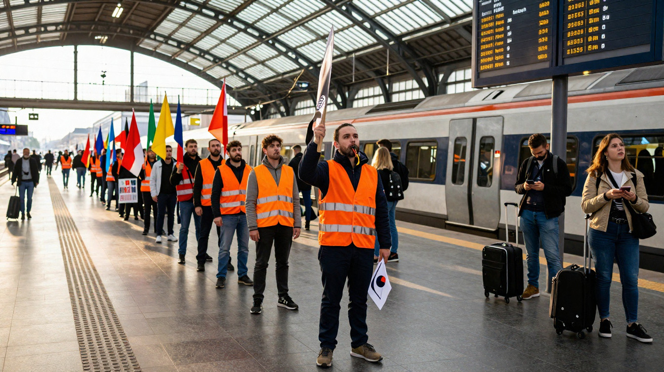 Grupo de pessoas com coletes laranja em protesto na plataforma de estação de trem.