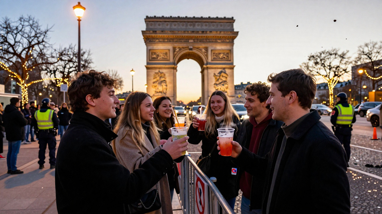 Grupo de jovens brindando com bebidas na Avenida Champs-Élysées, com o Arco do Triunfo ao fundo.