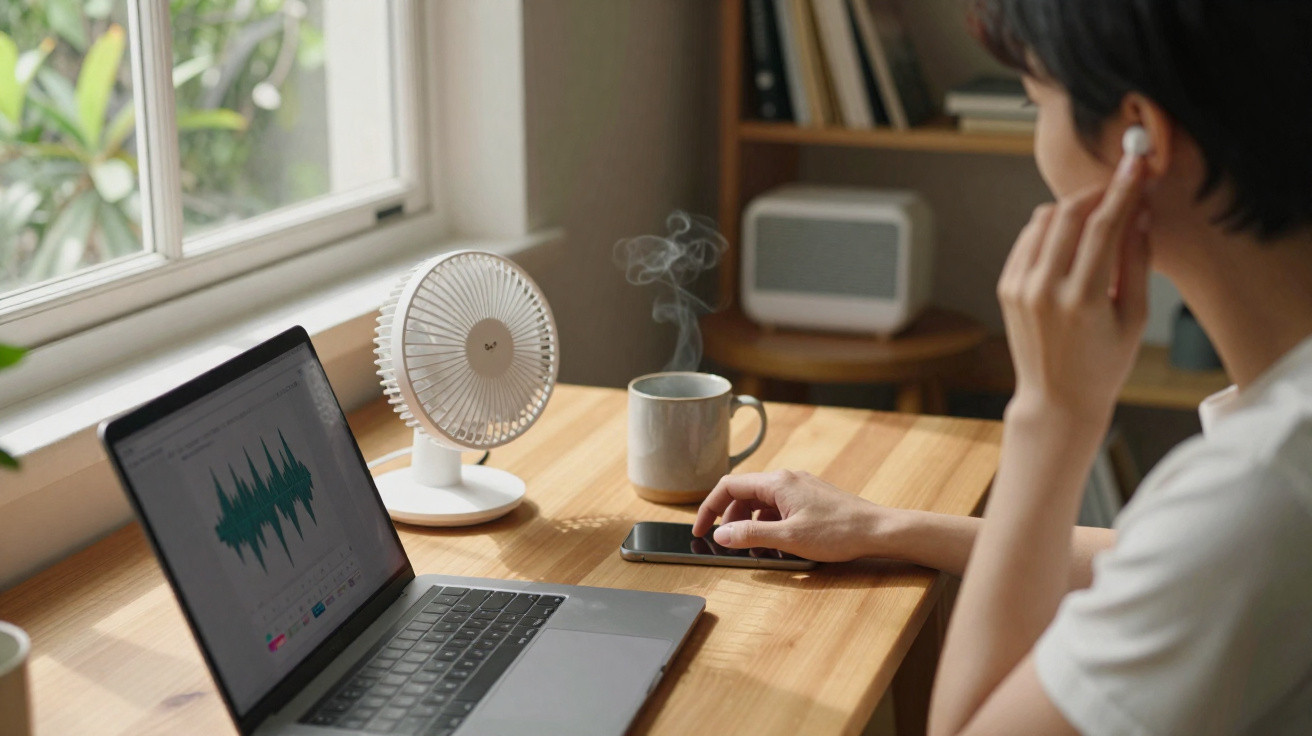 Pessoa ajustando fone de ouvido ao lado de laptop, celular, ventilador e xícara com vapor em mesa de madeira.