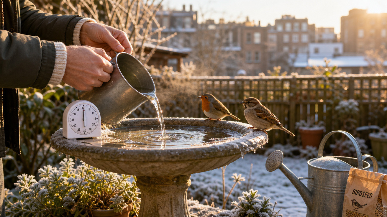 Mãos despejando água morna numa fonte para pássaros, com dois pássaros bebendo em dia ensolarado de inverno.