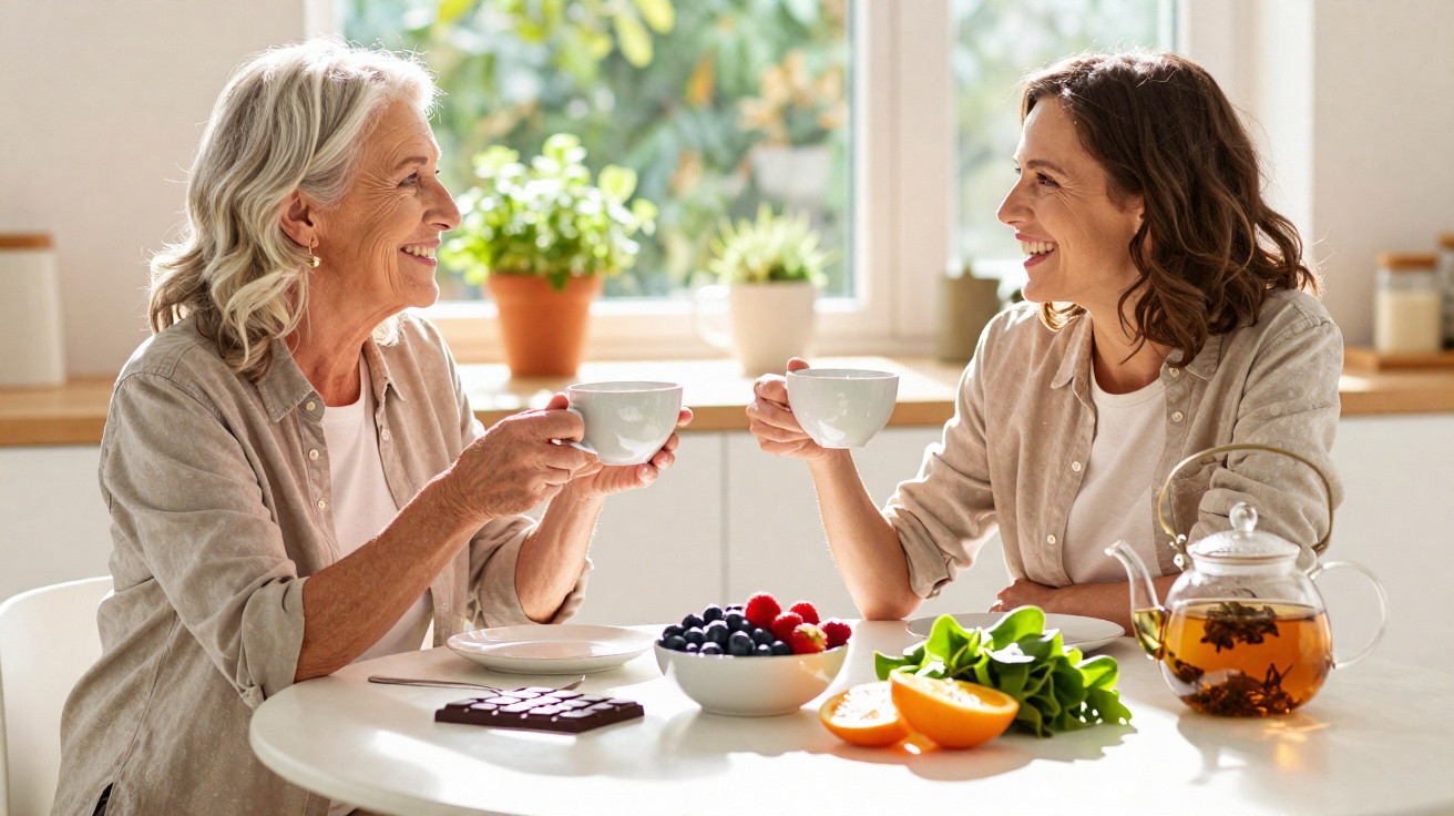 Duas mulheres sorrindo enquanto tomam chá à mesa com frutas e chocolate, em ambiente iluminado e acolhedor.