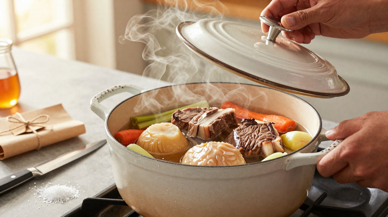 Panela de ferro fundido com carne e legumes cozinhando, tampa sendo levantada com vapor saindo.