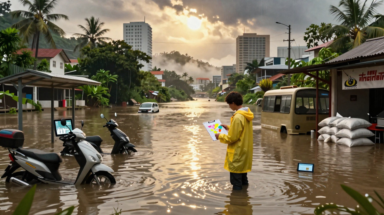 Pessoa de capa amarela em rua alagada com motos submersas, carros e prédios ao fundo ao pôr do sol.