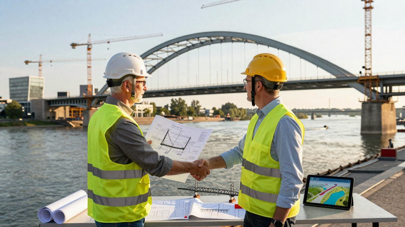 Dois engenheiros com coletes e capacetes apertam mãos em obra de ponte, com plantas e tablet sobre mesa à beira do rio.