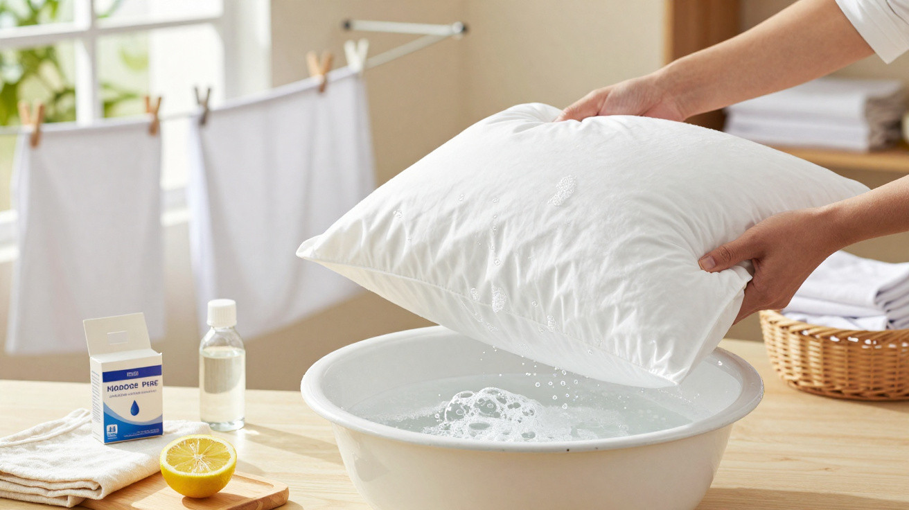 Mãos lavando almofada branca em bacia com água e sabão, com limão e produtos ao fundo.