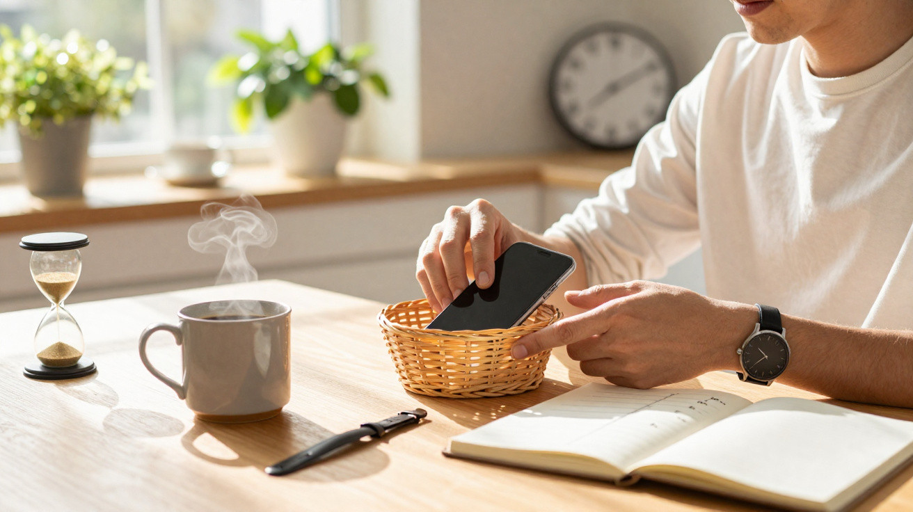 Pessoa guardando celular em cesta na mesa com xícara de café, ampulheta, caneta e caderno aberto.