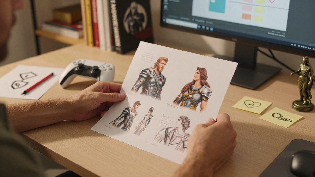 Pessoa segurando folha com desenhos de personagens medievais em mesa com controle, computador e livros.