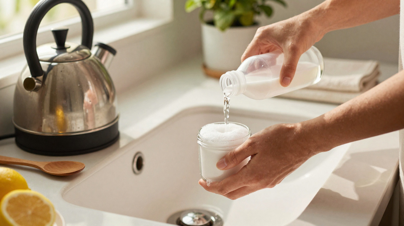 Mãos despejando líquido branco em vidro espumante sobre pia de cozinha com chaleira e limões próximos.