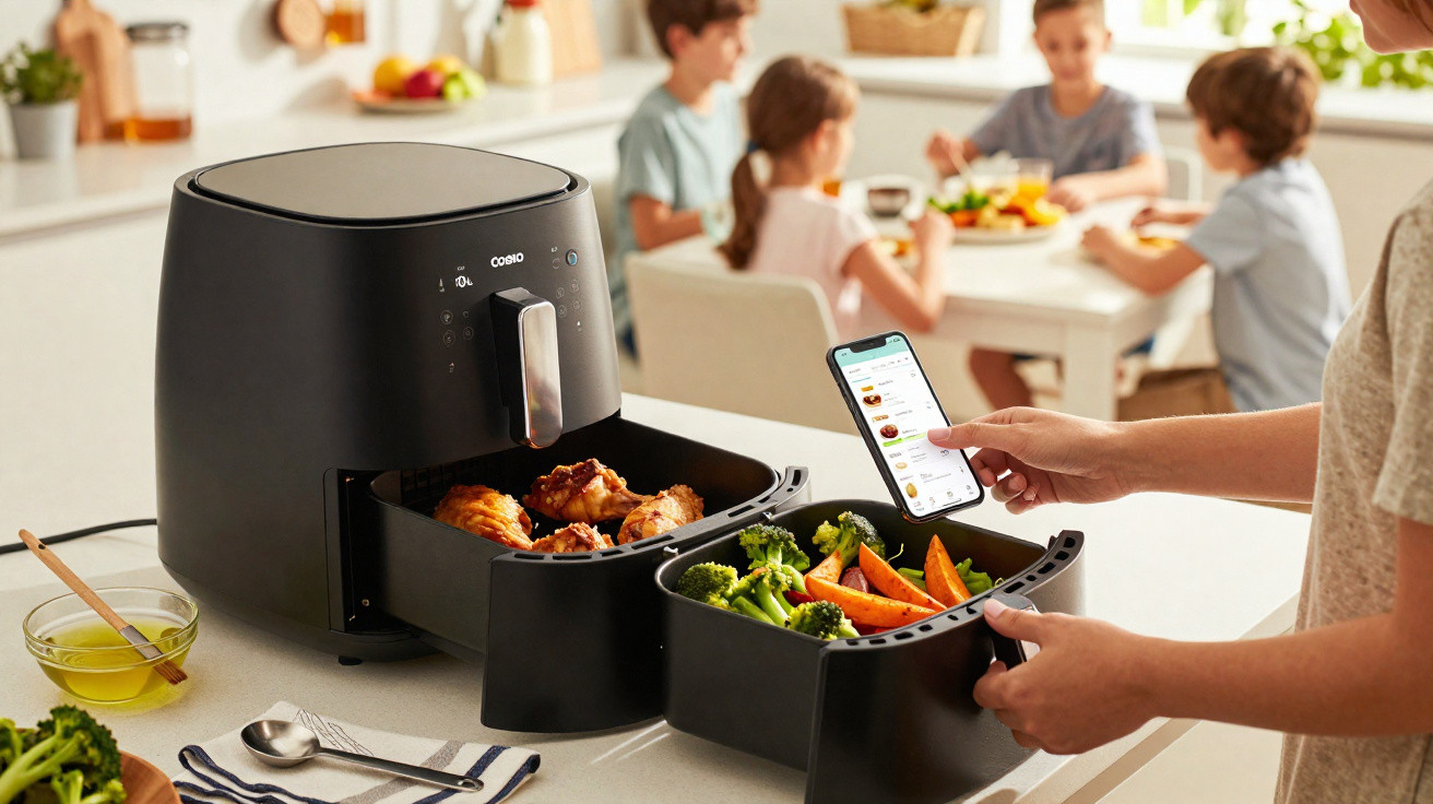 Pessoa usando smartphone para controlar air fryer com frango e legumes, enquanto crianças almoçam ao fundo na cozinha.