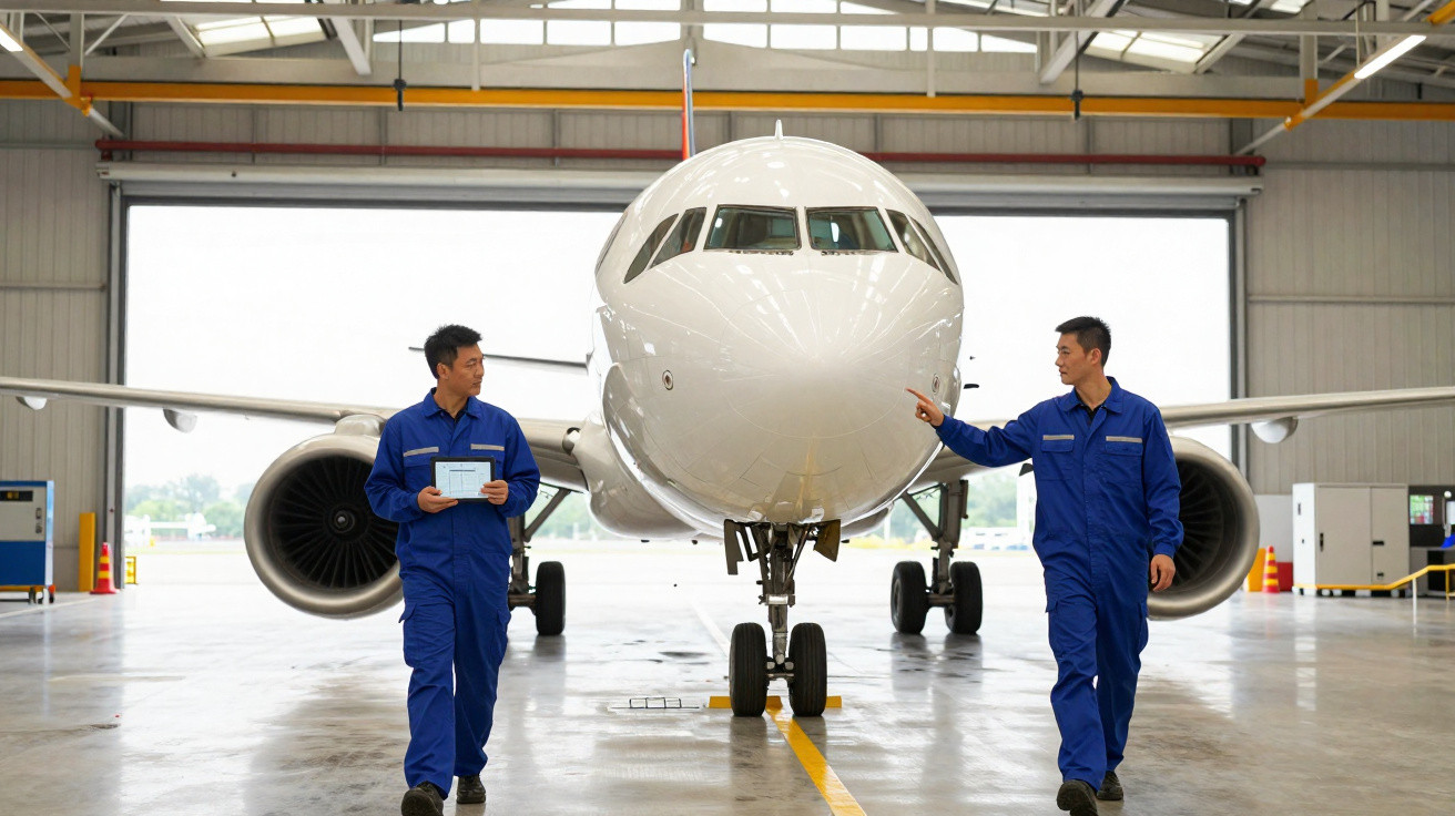 Dois técnicos em macacão azul inspecionam um avião branco em hangar espaçoso e bem iluminado.