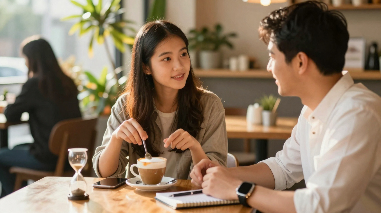 Casal jovem conversando em cafeteria, ela mexe café e ele anota em caderno, ambiente acolhedor e iluminado.