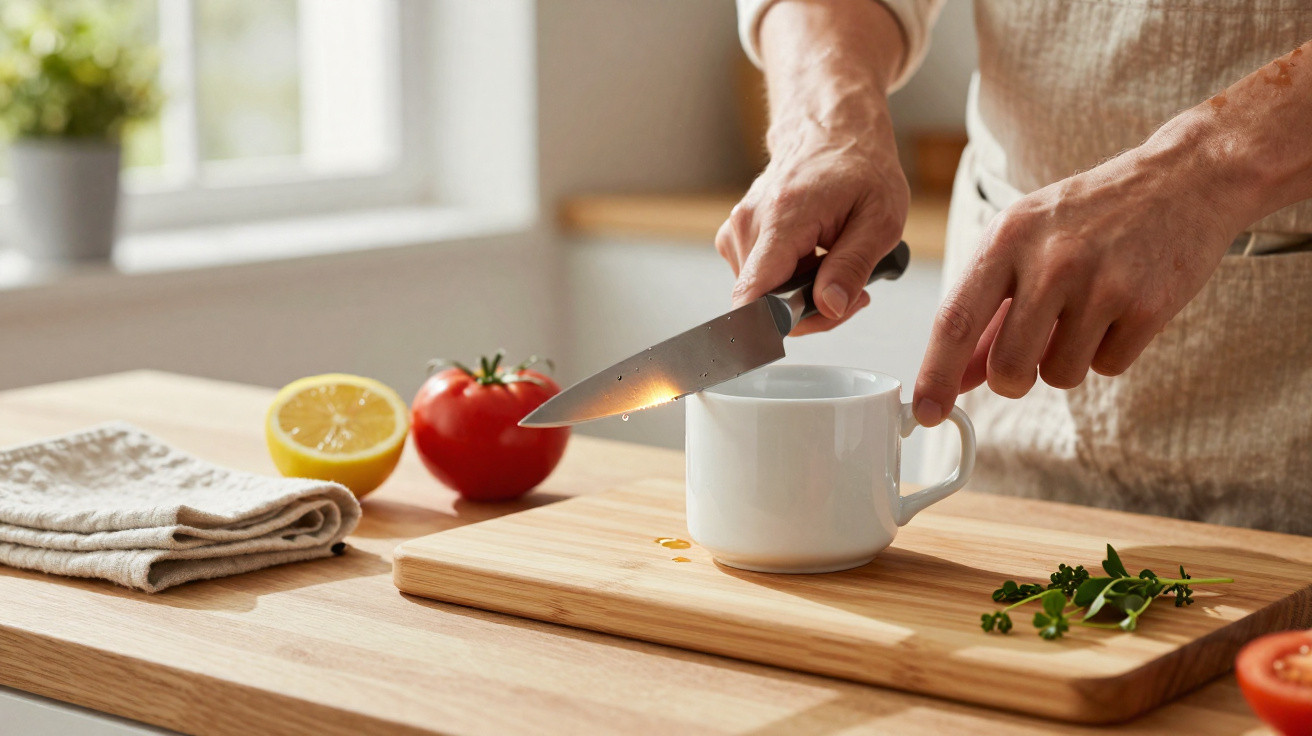 Pessoa segurando uma faca e uma caneca branca sobre tábua de madeira com tomate, limão e ervas ao redor.