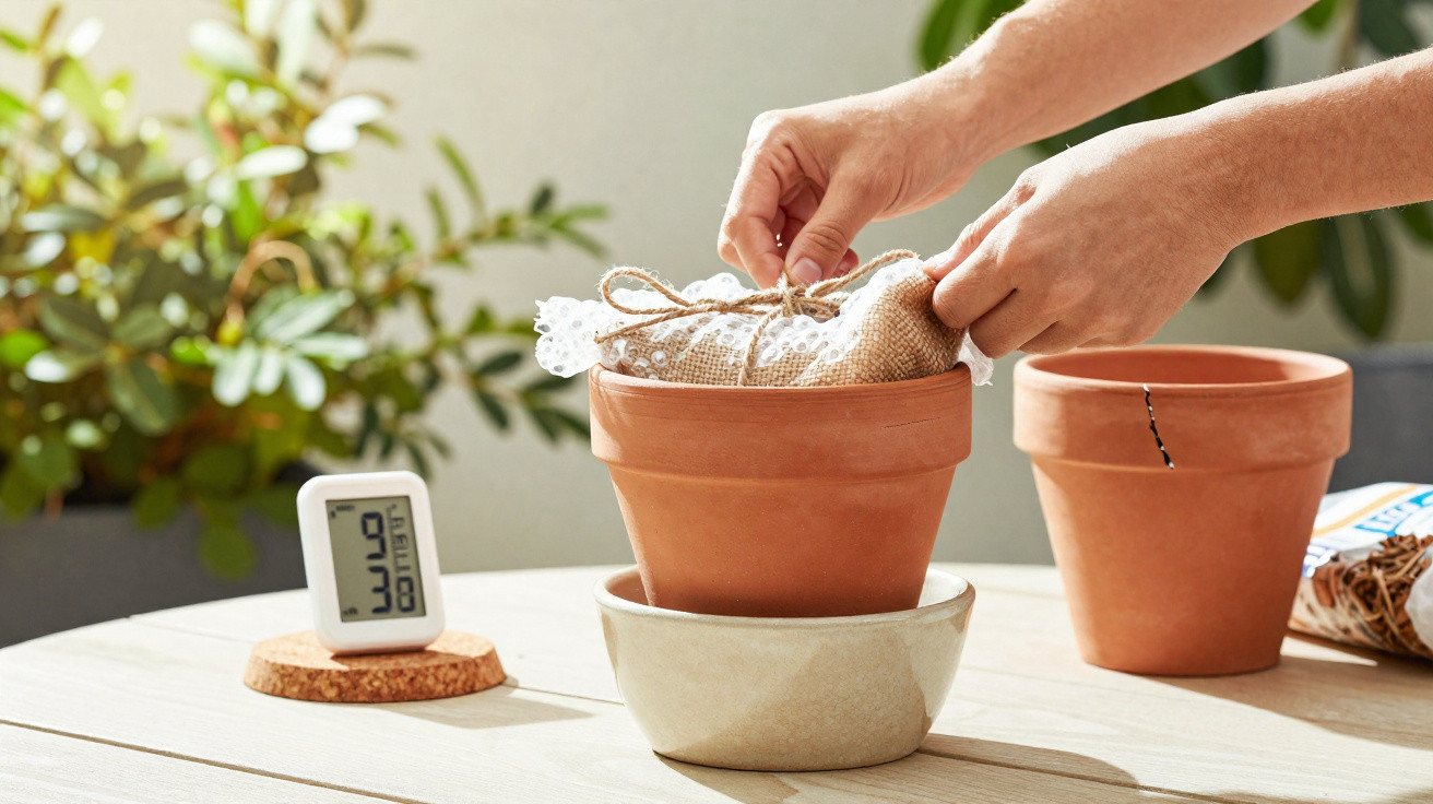 Mãos colocando saco decorativo dentro de vaso de barro em mesa com termômetro e outro vaso ao fundo.