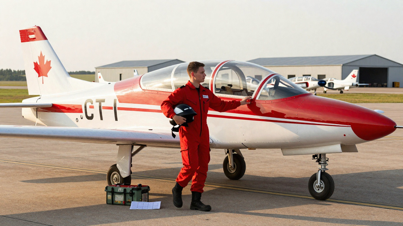 Piloto em macacão vermelho ao lado de avião pequeno branco e vermelho com símbolo do Canadá na cauda.