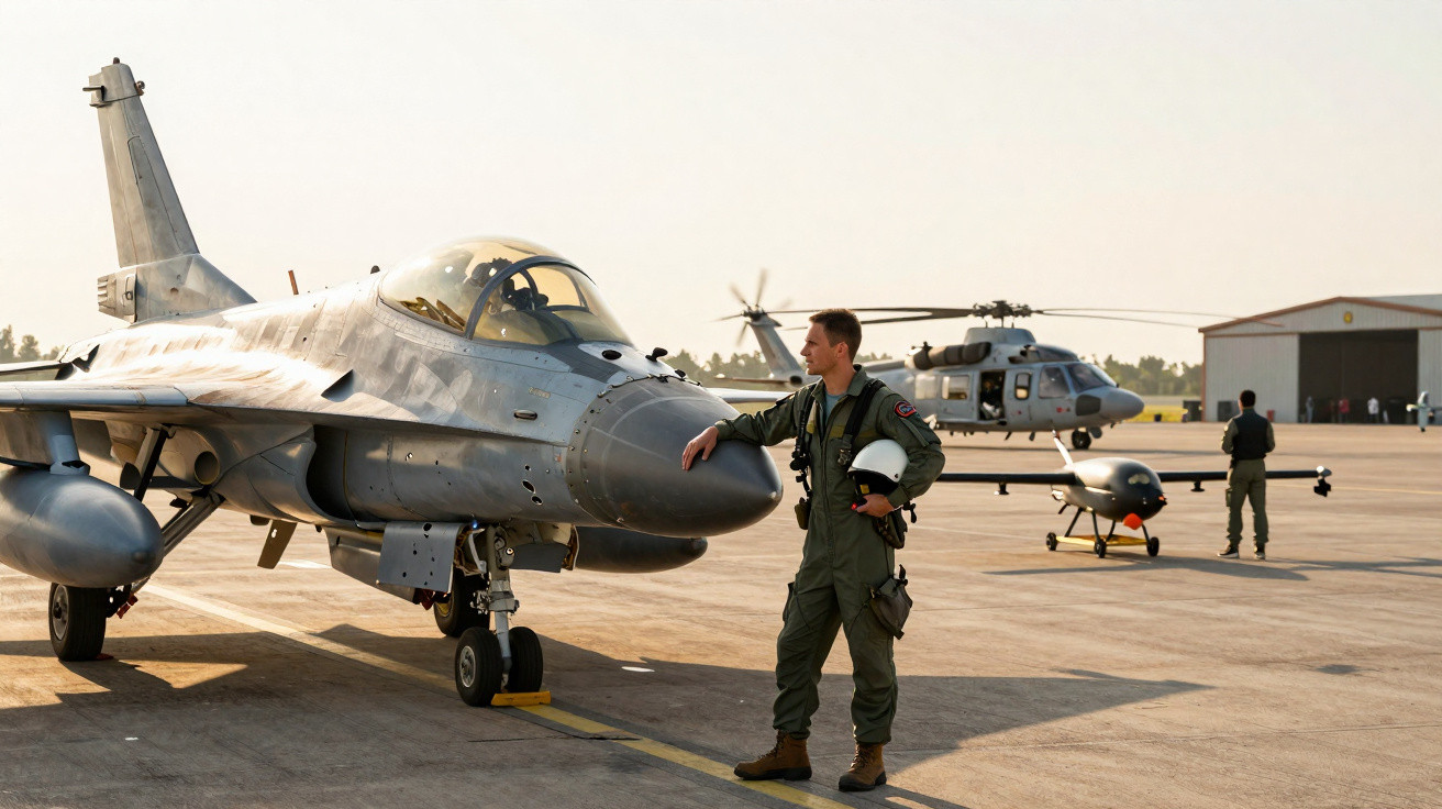 Piloto de avião militar ao lado de caça estacionado em base aérea com helicóptero e drone ao fundo.