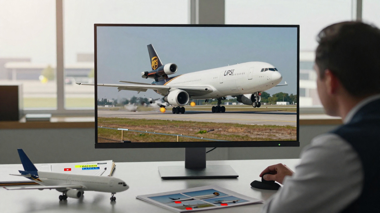 Homem olhando para computador com imagem de avião da UPS pousando, mesa com modelo de avião e revistas.
