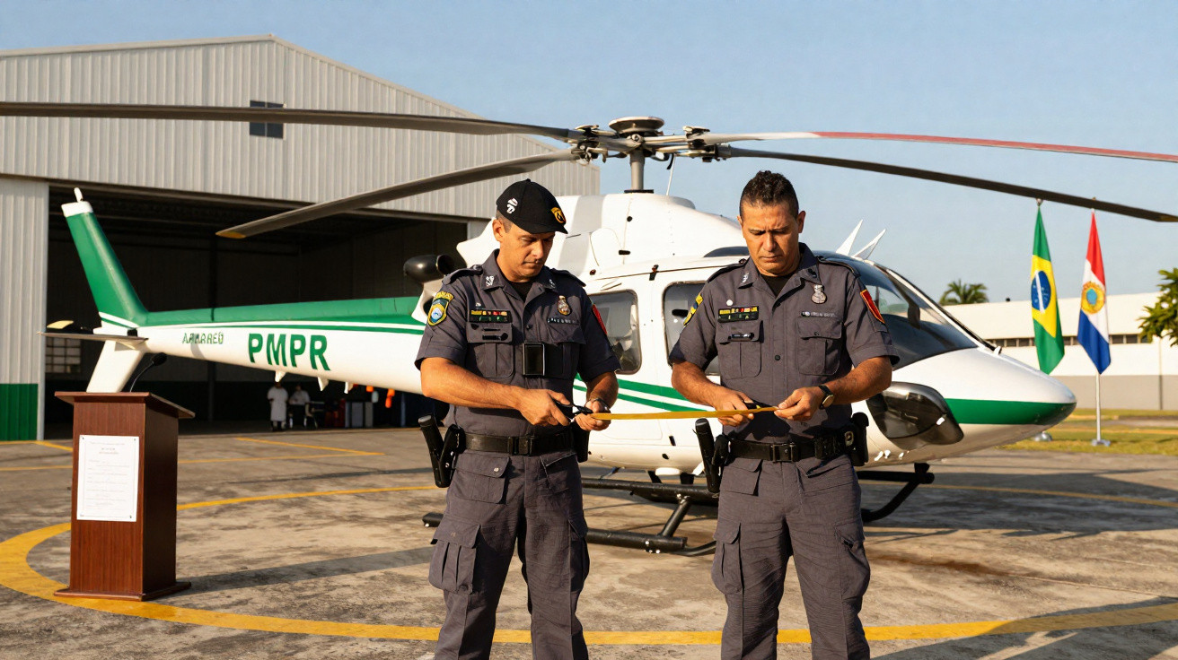 Dois policiais militares em uniforme cinza com helicóptero branco e verde da PMPR ao fundo em heliponto.