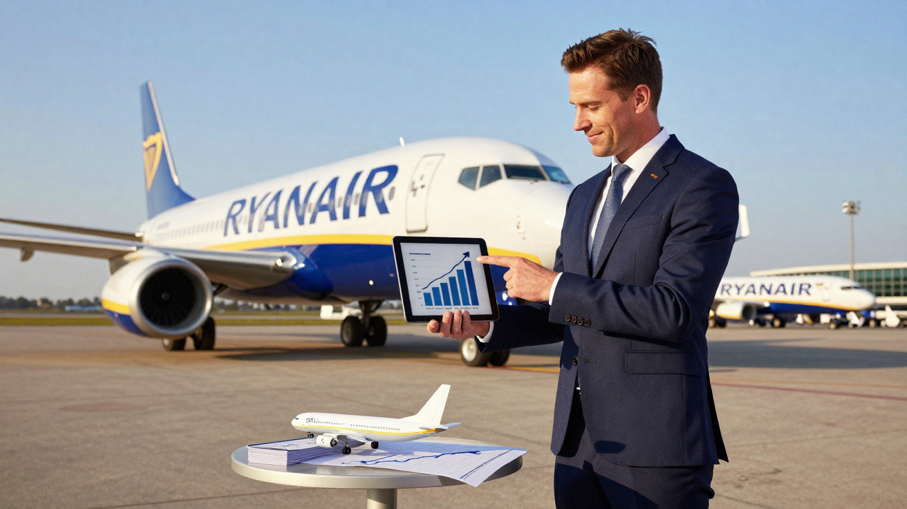 Homem de terno segurando tablet com gráfico de crescimento ao lado de avião Ryanair no aeroporto.