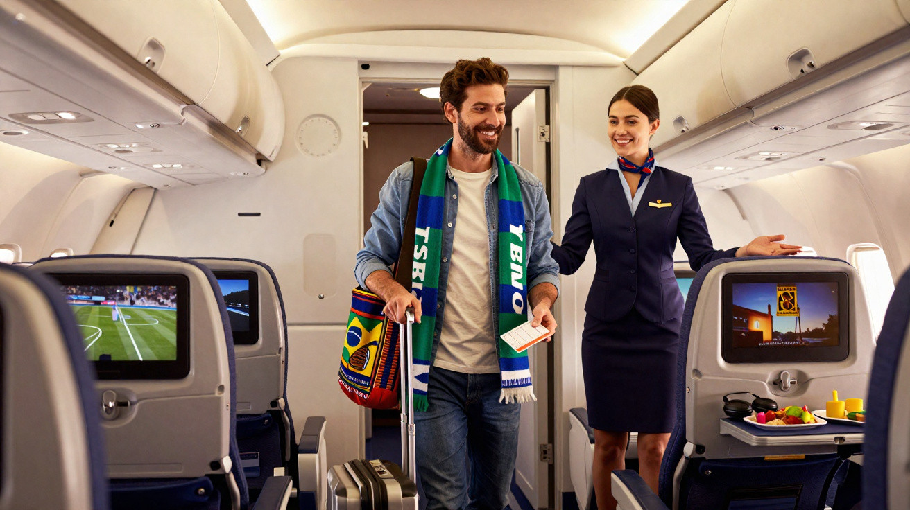 Passageiro com cachecol e mala entrando em avião, sendo recebido por comissária sorridente.
