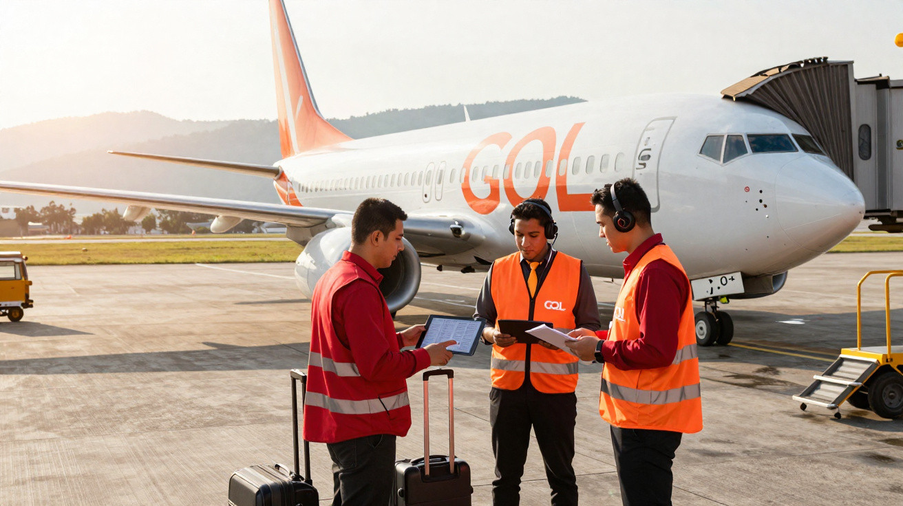 Três funcionários da Gol com coletes refletivos revisam documentos em frente a um avião no aeroporto.