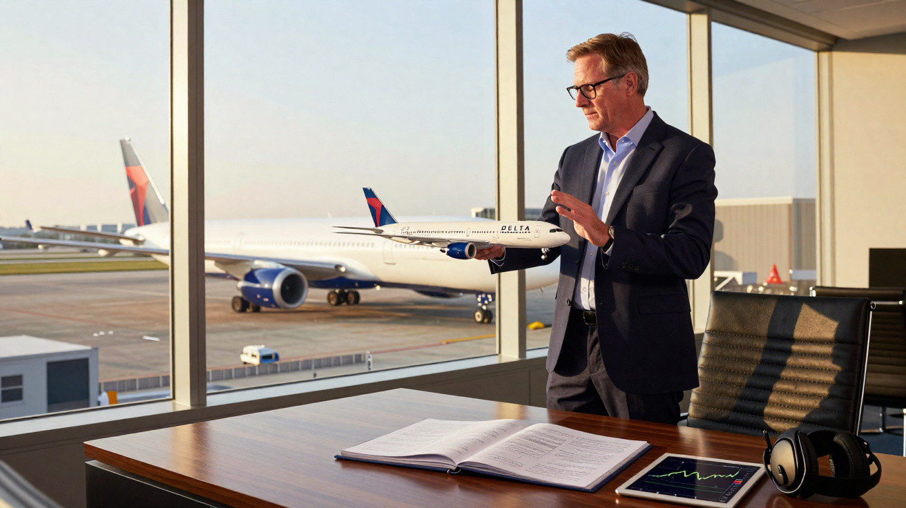 Homem de terno segurando modelo de avião Delta em escritório com grandes janelas e avião real ao fundo.
