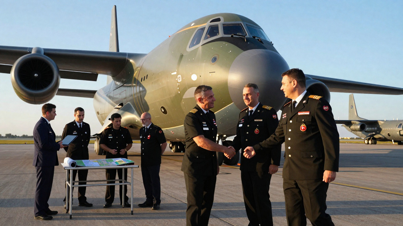 Oficiais militares uniformizados cumprimentam-se diante de um avião cargueiro militar estacionado no aeroporto.