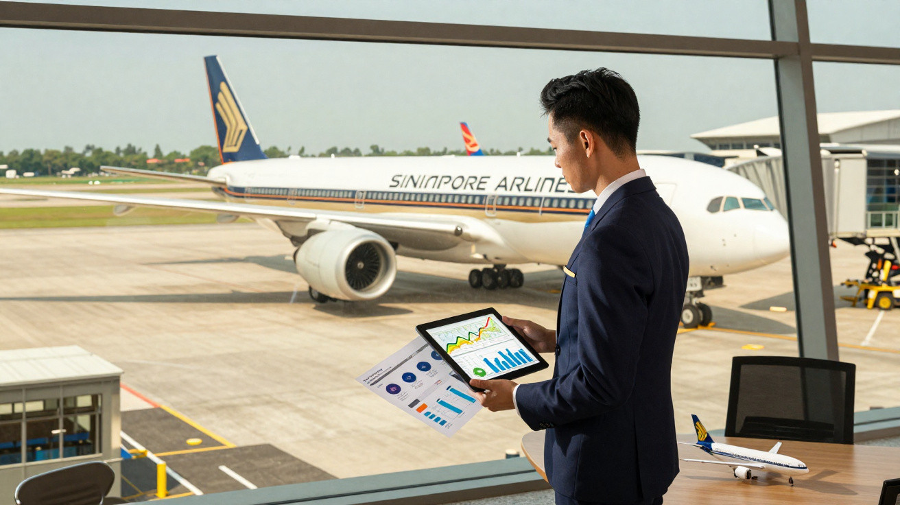 Homem de terno observa gráficos em tablet e papel com avião da Singapore Airlines ao fundo na janela do aeroporto.