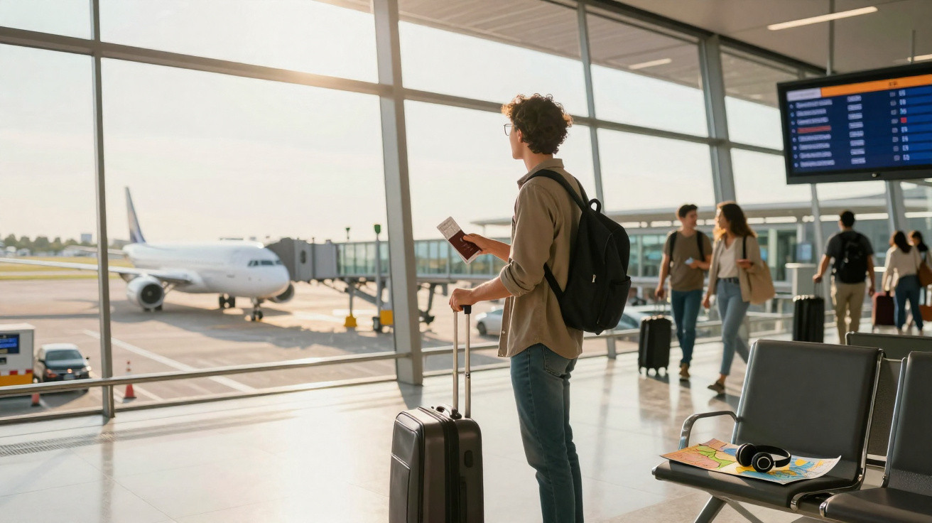 Homem com mochila e mala espera voo olhando para avião no portão do aeroporto.