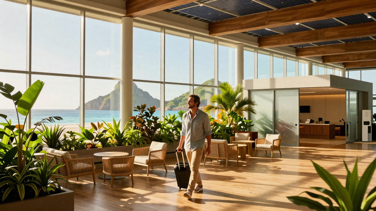 Homem com mala de rodinhas caminha em salão amplo com plantas e vista para montanha e mar ao fundo.
