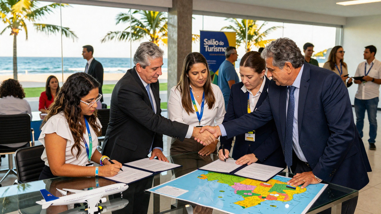 Pessoas em reunião socializando e apertando as mãos em frente a um mapa e miniatura de avião.