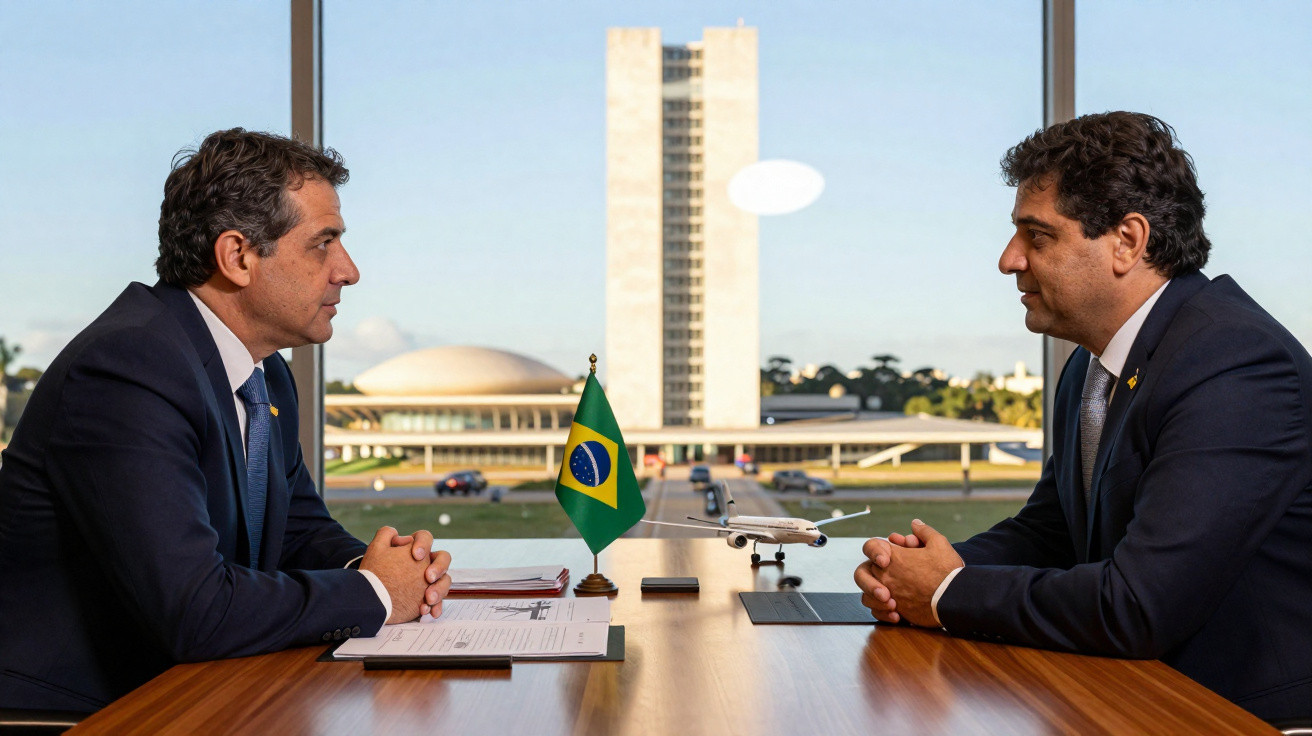 Dois homens de terno sentados em uma mesa com pequena bandeira do Brasil e edifício do Congresso Nacional ao fundo.