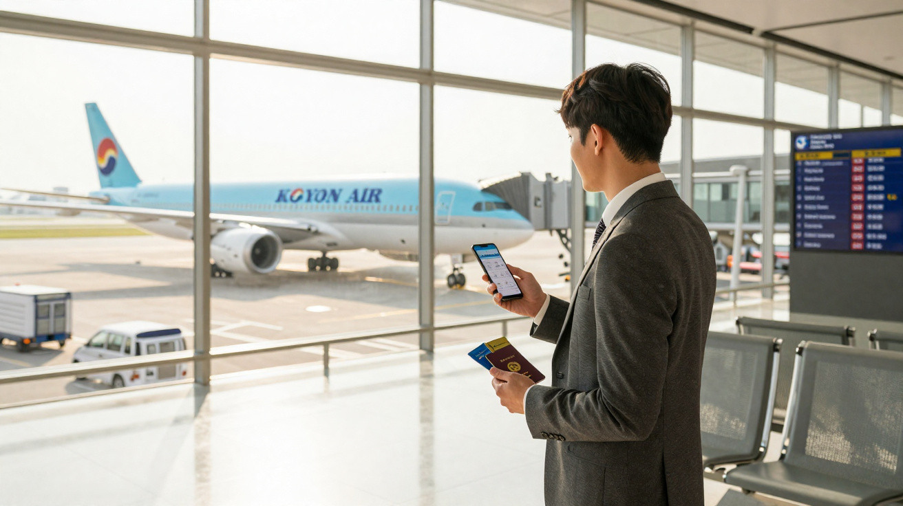 Homem de terno segurando passaporte e celular em aeroporto com avião da Korean Air ao fundo.