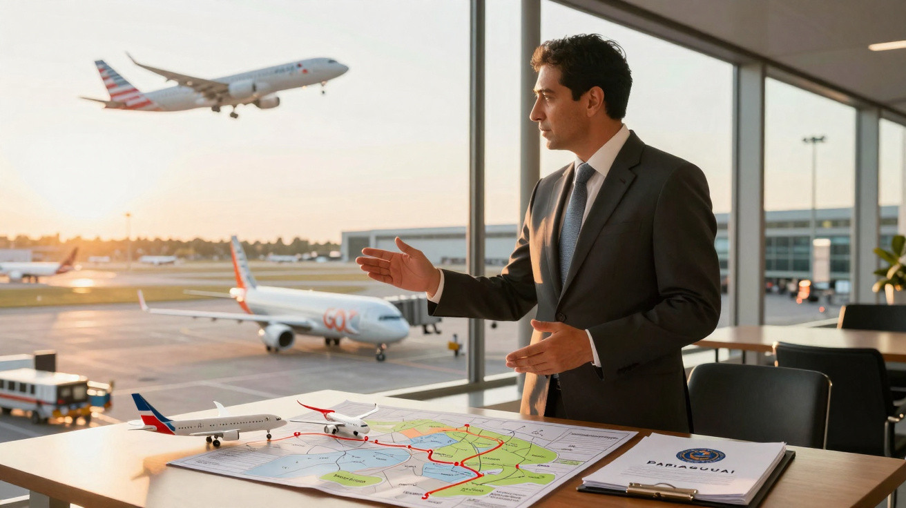 Homem de terno em escritório com maquetes e mapa, janelas mostram avião decolando e aeroporto ao fundo.