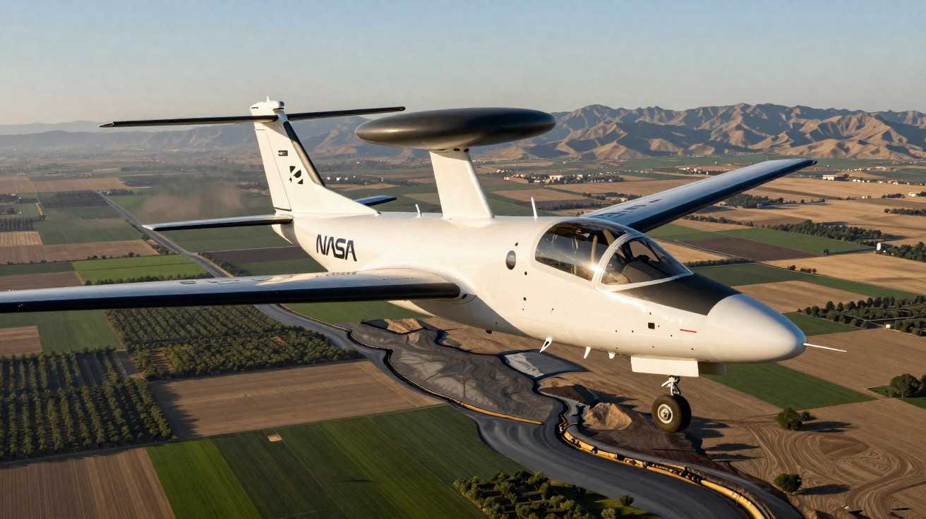Avião de pesquisa branco da NASA voando sobre campos agrícolas com montanhas ao fundo.