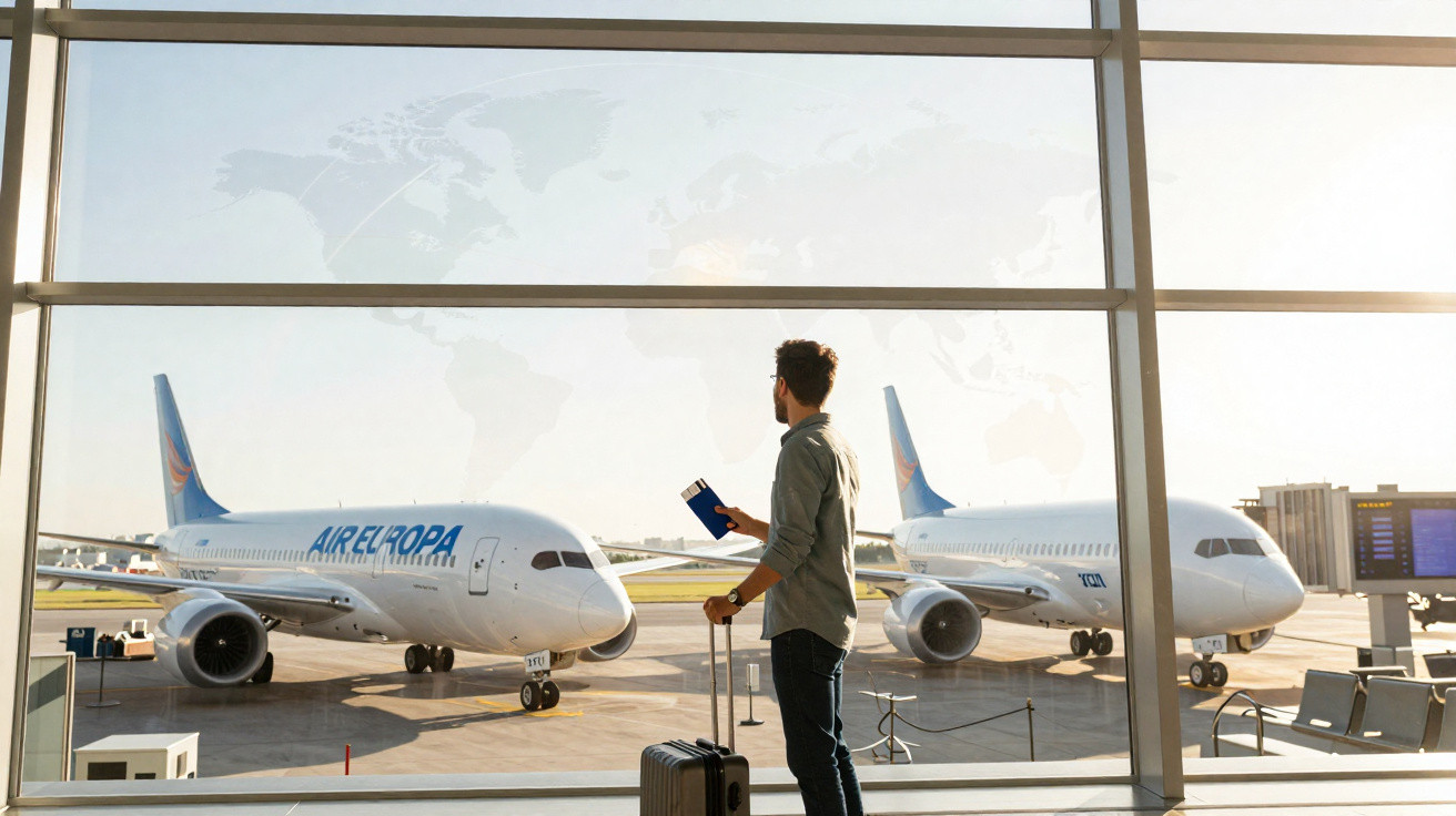 Homem com mala e passaporte observa aviões da Air Europa pelo vidro de terminal no aeroporto.