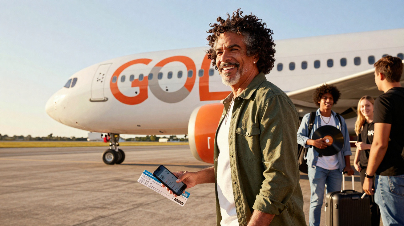Homem sorridente segurando celular e passagens em frente a avião da Gol no aeroporto ao entardecer.