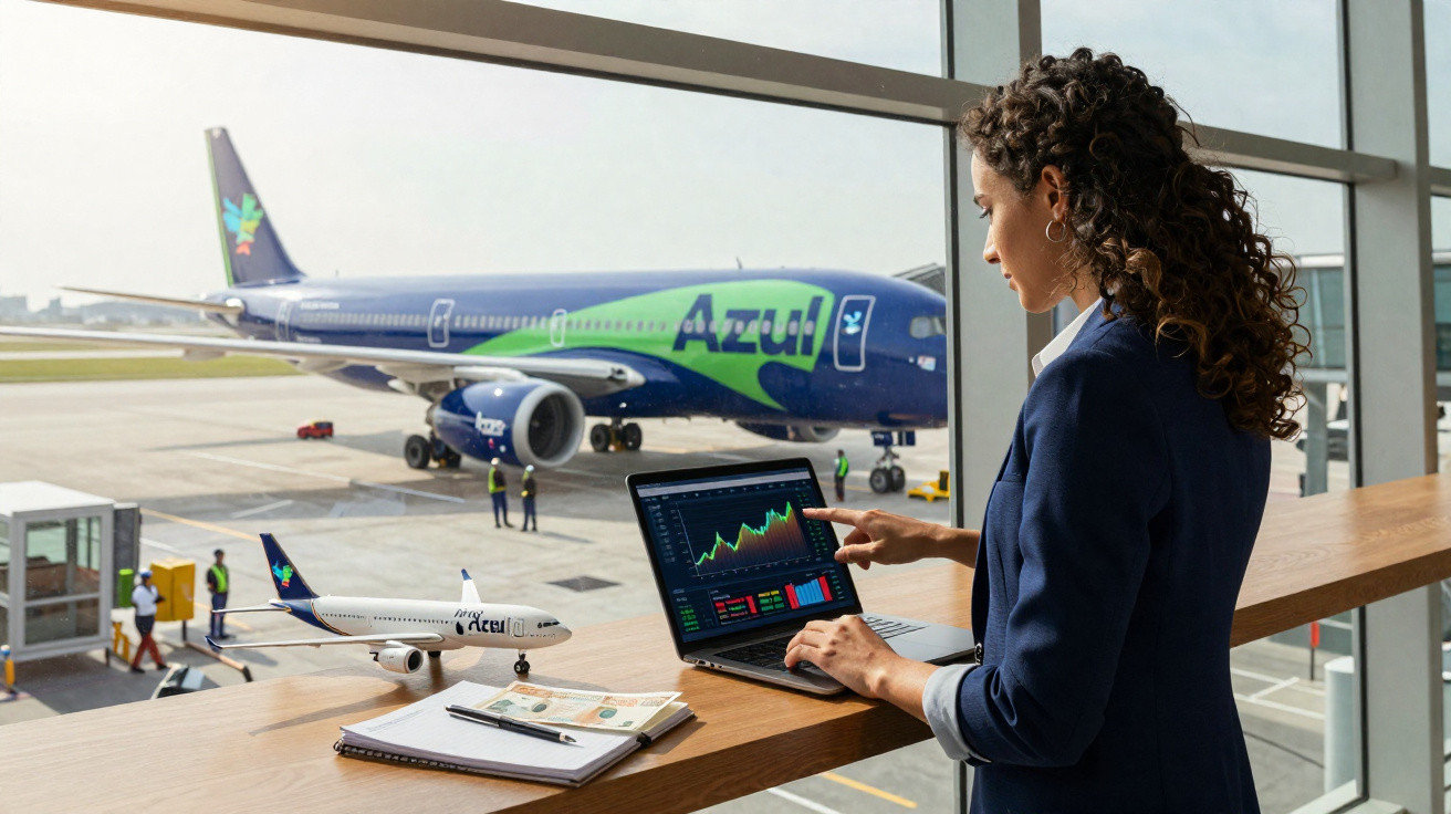Mulher observa gráfico no notebook em área de aeroporto com avião Azul estacionado ao fundo.