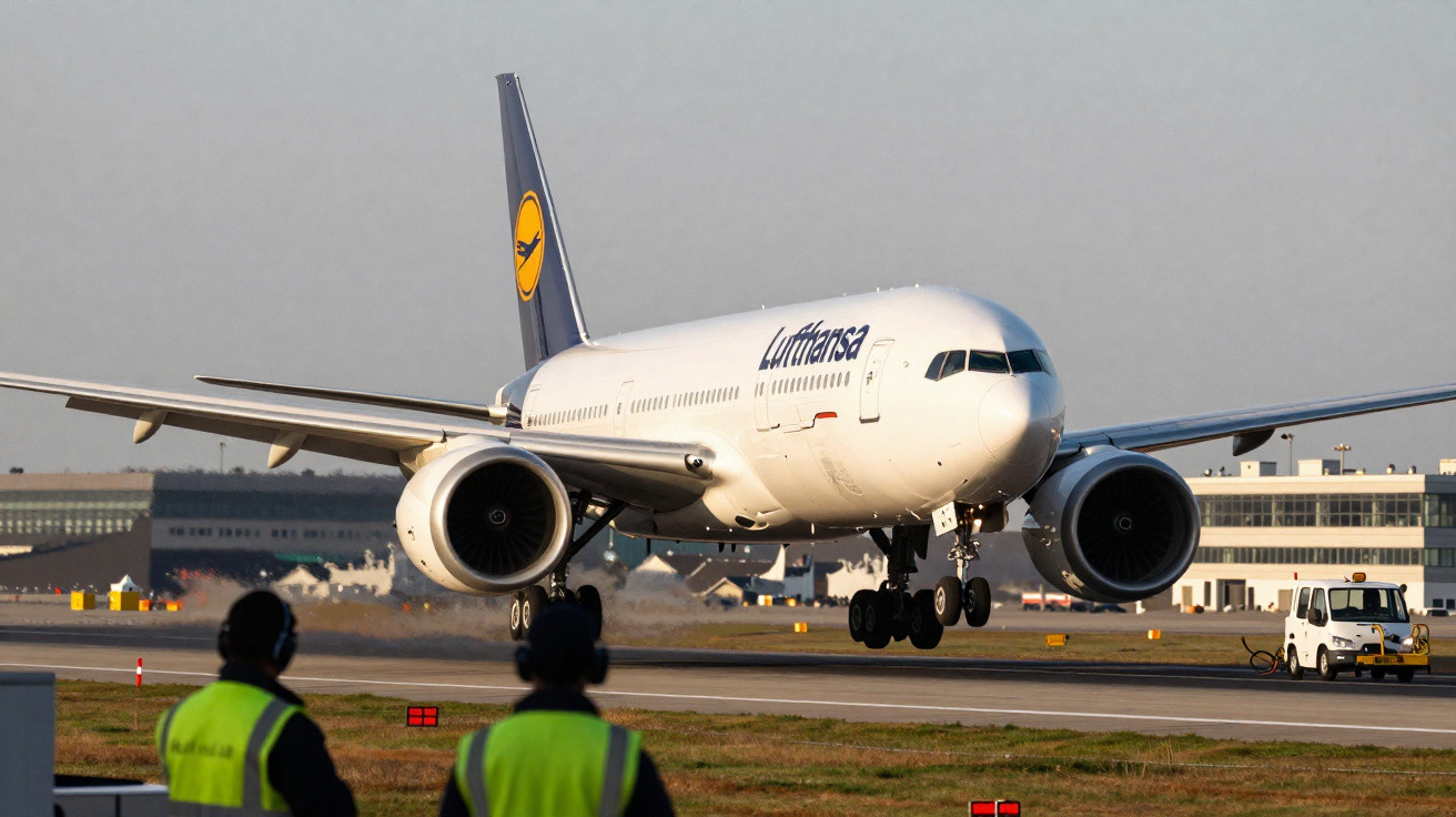 Avião da Lufthansa taxiando em pista de aeroporto com dois profissionais de segurança em destaque.