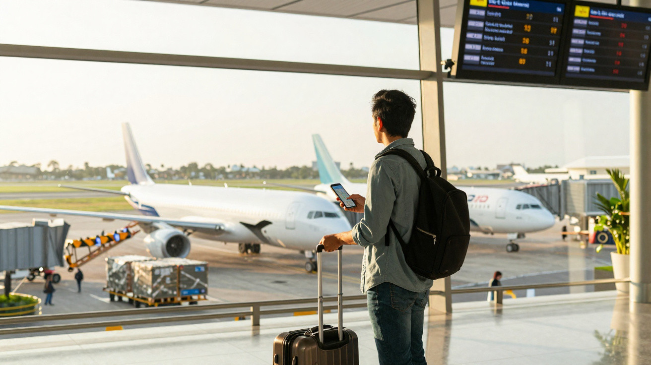 Homem com mochila e mala de rodinhas observa avião no aeroporto enquanto segura celular.