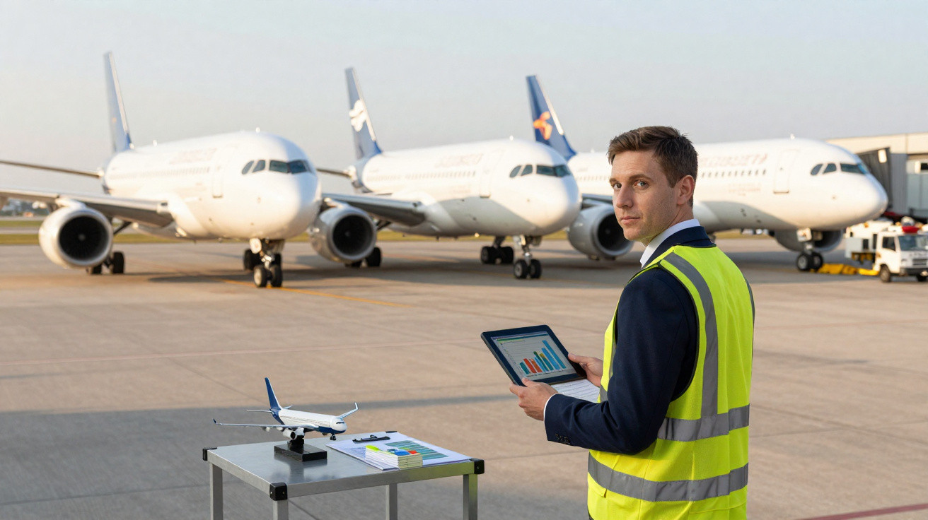 Homem com colete refletivo usa tablet em aeroporto com três aviões ao fundo e modelo de avião na mesa.